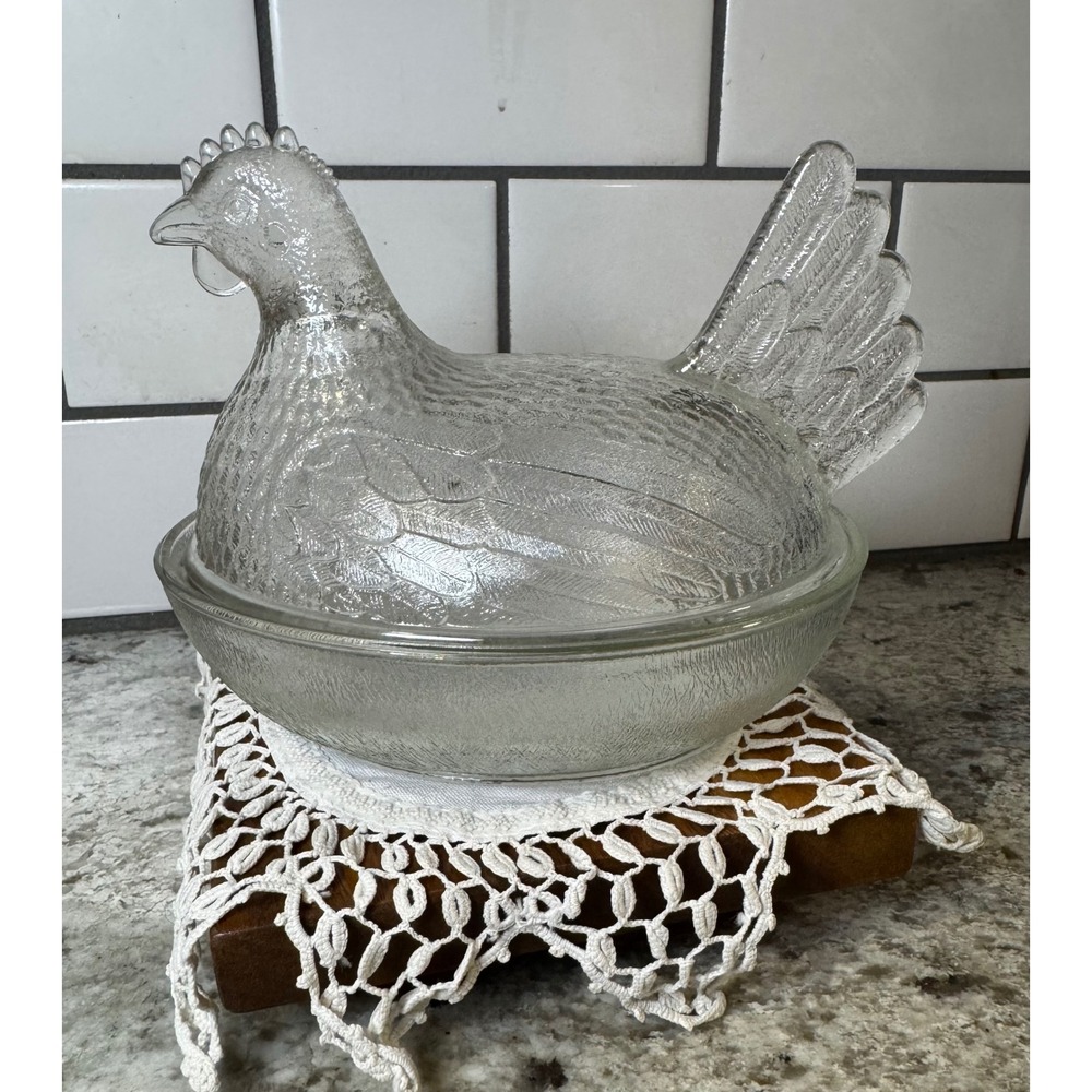 Vintage Clear Textured Glass Hen on Nest Covered Candy Dish Farmhouse Decor
